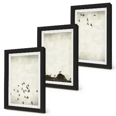Set van ingelijste schilderijen met voorstelling van vogels in vlucht in minimalistische stijl