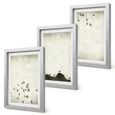 Set van ingelijste schilderijen met voorstelling van vogels in vlucht in minimalistische stijl
