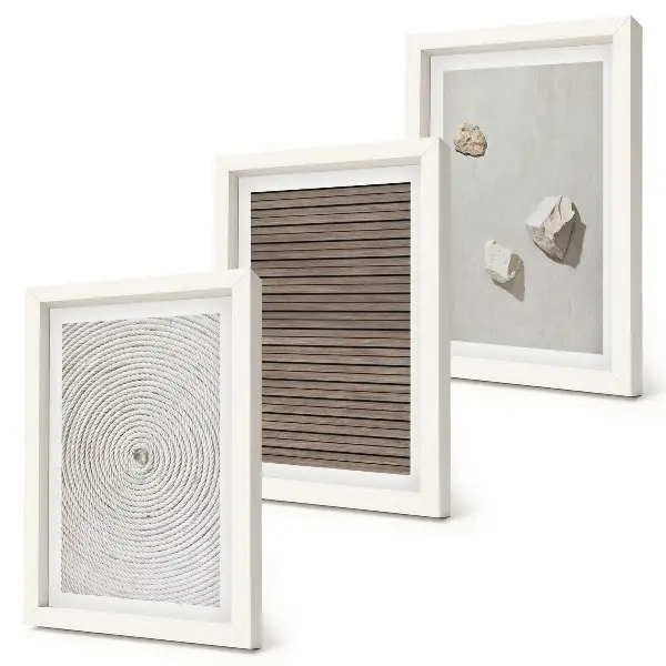 Set ingelijste schilderijen met natuurlijke texturen van hout, steen en touw