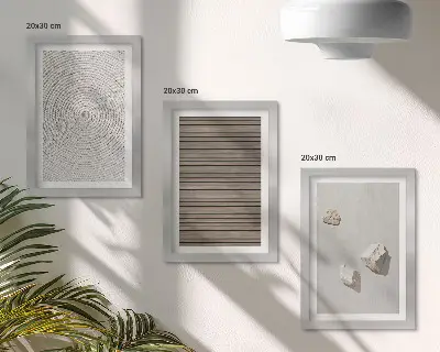 Set ingelijste schilderijen met natuurlijke texturen van hout, steen en touw