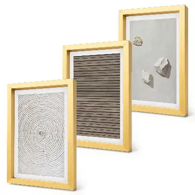 Set ingelijste schilderijen met natuurlijke texturen van hout, steen en touw