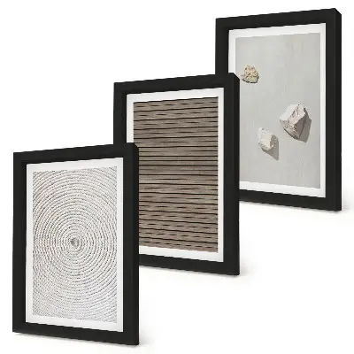 Set ingelijste schilderijen met natuurlijke texturen van hout, steen en touw