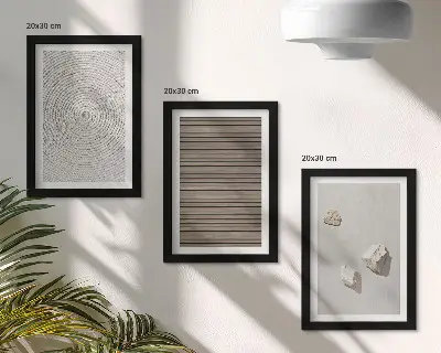 Set ingelijste schilderijen met natuurlijke texturen van hout, steen en touw