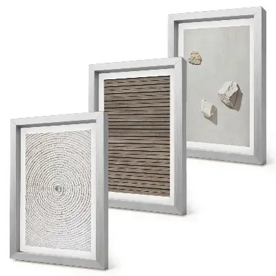 Set ingelijste schilderijen met natuurlijke texturen van hout, steen en touw