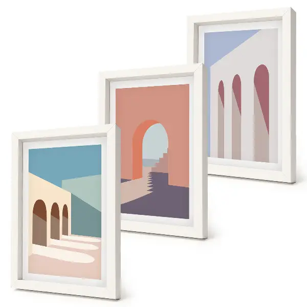Set van ingelijste schilderijen met minimalistische pastelkleuren van stedelijke architectuur