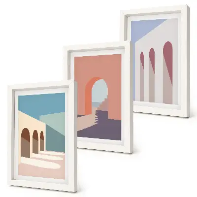 Set van ingelijste schilderijen Minimalistische pastelkleuren van stedelijke architectuur.