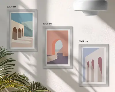 Set van ingelijste schilderijen met minimalistische pastelkleuren van stedelijke architectuur