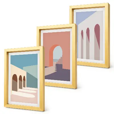 Set van ingelijste schilderijen met minimalistische pastelkleuren van stedelijke architectuur
