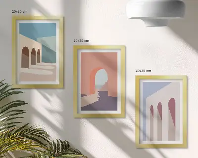 Set van ingelijste schilderijen met minimalistische pastelkleuren van stedelijke architectuur