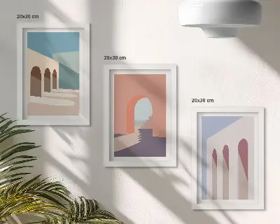 Set van ingelijste schilderijen met minimalistische pastelkleuren van stedelijke architectuur