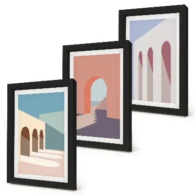 Set van ingelijste schilderijen met minimalistische pastelkleuren van stedelijke architectuur
