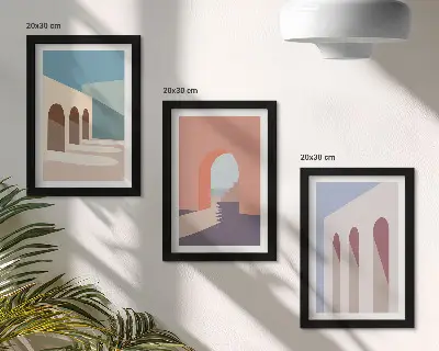 Set van ingelijste schilderijen met minimalistische pastelkleuren van stedelijke architectuur