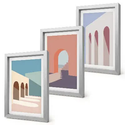 Set van ingelijste schilderijen met minimalistische pastelkleuren van stedelijke architectuur
