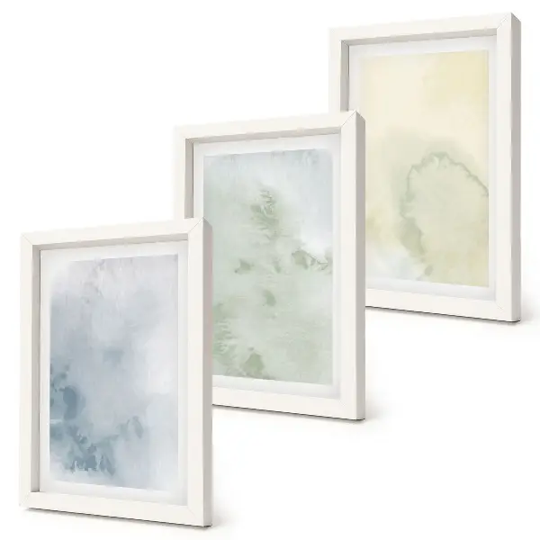 Set van ingelijste schilderijen met pastelkleurige aquarelverf op canvas met textuur