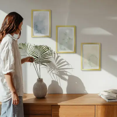 Set van ingelijste schilderijen met pastelkleurige aquarelverf op canvas met textuur