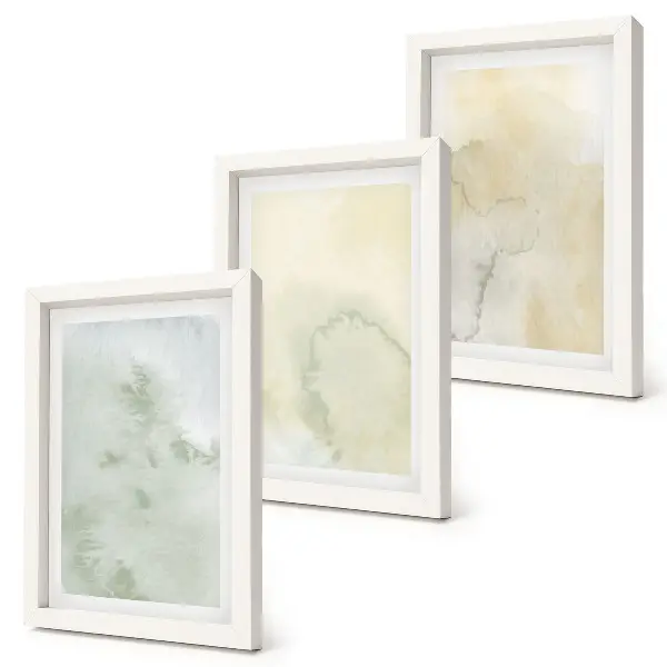 Set van ingelijste schilderijen met pastelkleurige aquarelverf op canvas met verschillende texturen