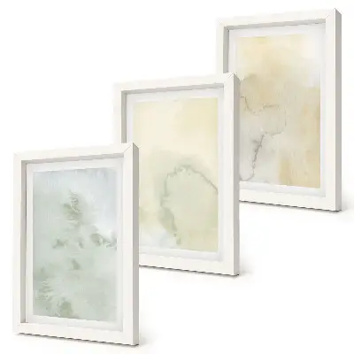 Set van ingelijste schilderijen Pastelkleurige aquarelverf op canvas met verschillende texturen.