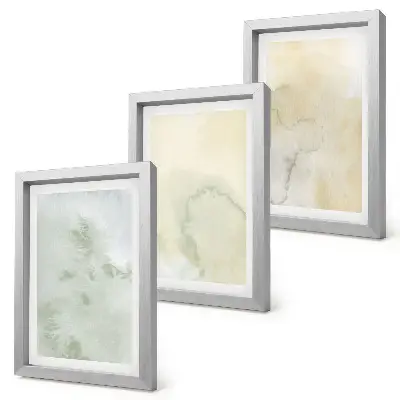 Set van ingelijste schilderijen met pastelkleurige aquarelverf op canvas met verschillende texturen