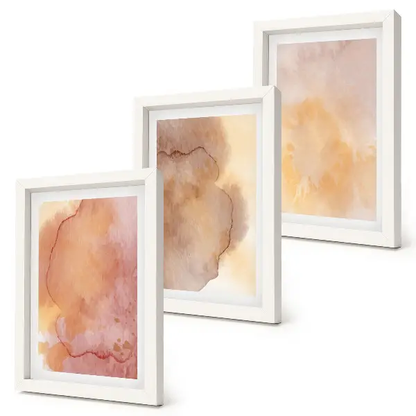 Set van ingelijste schilderijen warme aquarelverf op canvas met kleurrijke texturen
