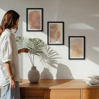 Set van ingelijste schilderijen warme aquarelverf op canvas met kleurrijke texturen