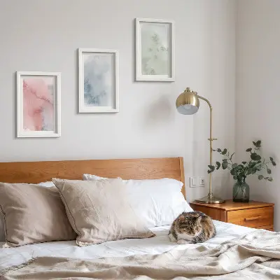 Set ingelijste schilderijen met kleurrijke aquarel in pasteltinten op canvas