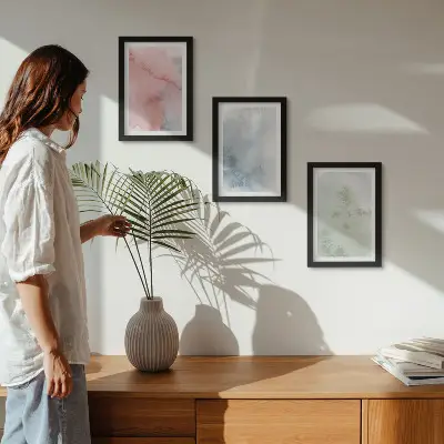 Set ingelijste schilderijen met kleurrijke aquarel in pasteltinten op canvas