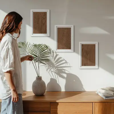 Set van ingelijste schilderijen met een minimalistisch ontwerp van houtpatroon en boomschorsstructuur