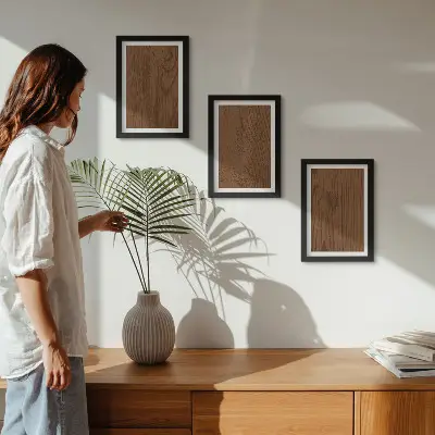 Set van ingelijste schilderijen met een minimalistisch ontwerp van houtpatroon en boomschorsstructuur