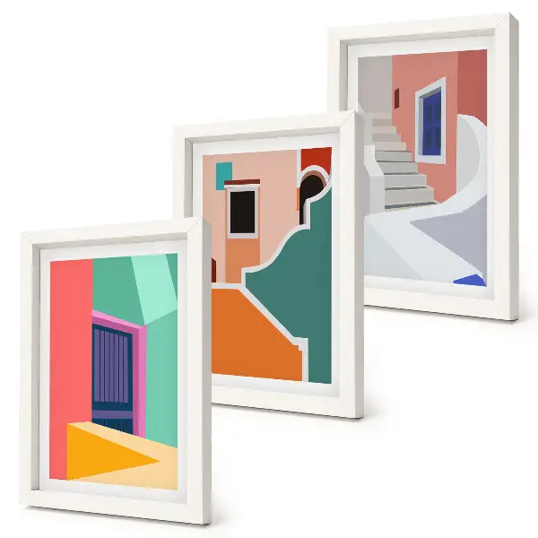 Set van ingelijste schilderijen met kleurrijke illustraties van gebouwen in moderne stijl