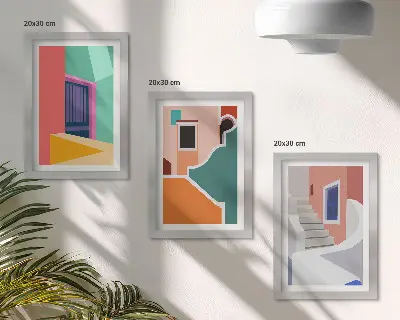 Set van ingelijste schilderijen met kleurrijke illustraties van gebouwen in moderne stijl
