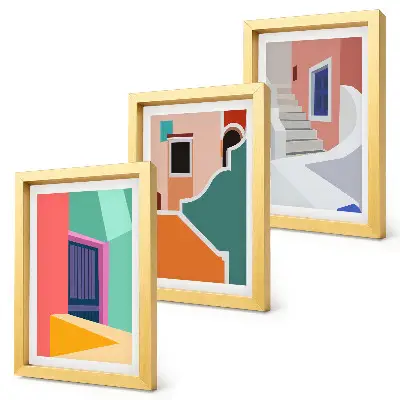 Set van ingelijste schilderijen met kleurrijke illustraties van gebouwen in moderne stijl