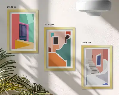 Set van ingelijste schilderijen met kleurrijke illustraties van gebouwen in moderne stijl