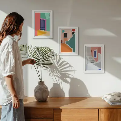 Set van ingelijste schilderijen met kleurrijke illustraties van gebouwen in moderne stijl