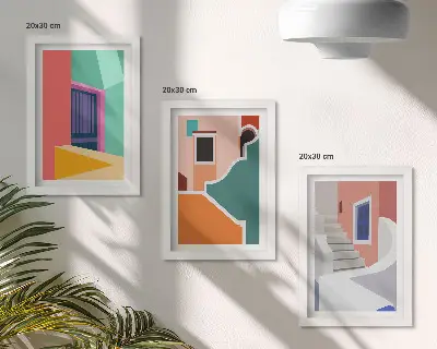 Set van ingelijste schilderijen met kleurrijke illustraties van gebouwen in moderne stijl