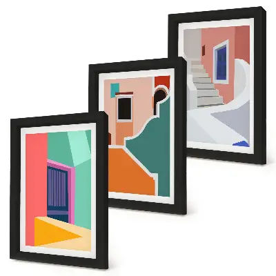Set van ingelijste schilderijen met kleurrijke illustraties van gebouwen in moderne stijl