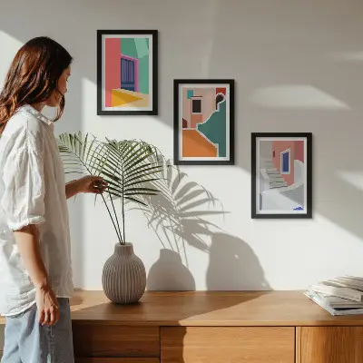 Set van ingelijste schilderijen met kleurrijke illustraties van gebouwen in moderne stijl