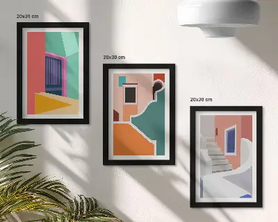 Set van ingelijste schilderijen met kleurrijke illustraties van gebouwen in moderne stijl