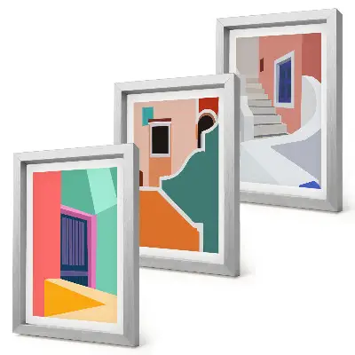 Set van ingelijste schilderijen met kleurrijke illustraties van gebouwen in moderne stijl