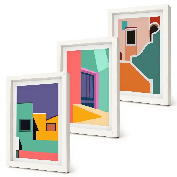 Gallery wall kleurrijke stadsillustraties in moderne stijl