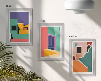 Gallery wall kleurrijke stadsillustraties in moderne stijl