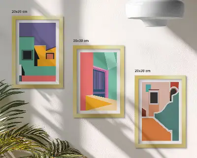 Gallery wall kleurrijke stadsillustraties in moderne stijl