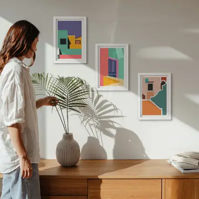 Gallery wall kleurrijke stadsillustraties in moderne stijl