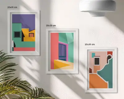 Gallery wall kleurrijke stadsillustraties in moderne stijl