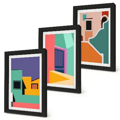 Gallery wall kleurrijke stadsillustraties in moderne stijl
