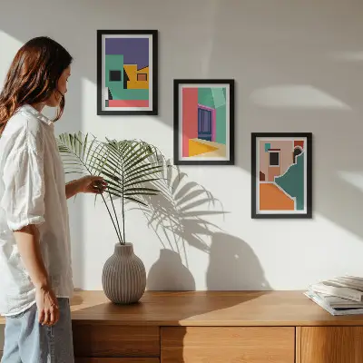 Gallery wall kleurrijke stadsillustraties in moderne stijl