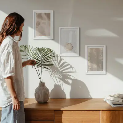 Set van ingelijste schilderijen met subtiele texturen in een natuurlijke boho-stijl