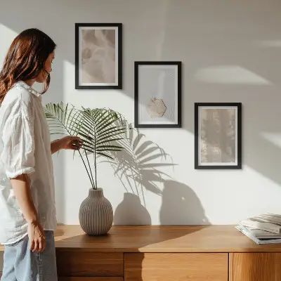 Set van ingelijste schilderijen met subtiele texturen in een natuurlijke boho-stijl