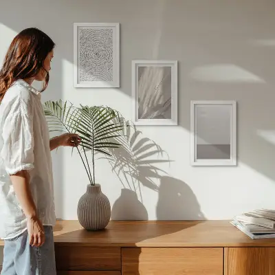 Gallery wall met verfijnde natuurlijke texturen in boho-stijl