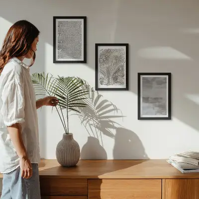 Set ingelijste schilderijen met abstracte industriële structuren