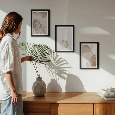 Set van ingelijste schilderijen met abstracte vormgeving geïnspireerd door de natuur